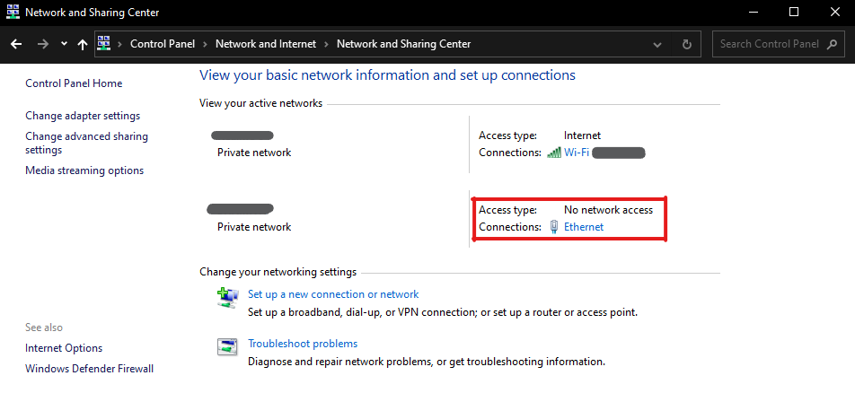 Control Panel - Network and Sharing Center