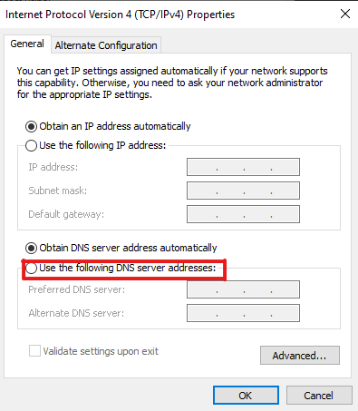 Dialog box - Internet Protocol Version 4 (TCP/IPv4) Properties