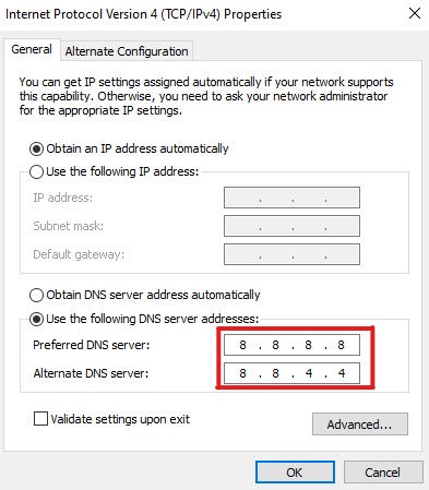 Dialog box - Internet Protocol Version 4 (TCP/IPv4) Properties